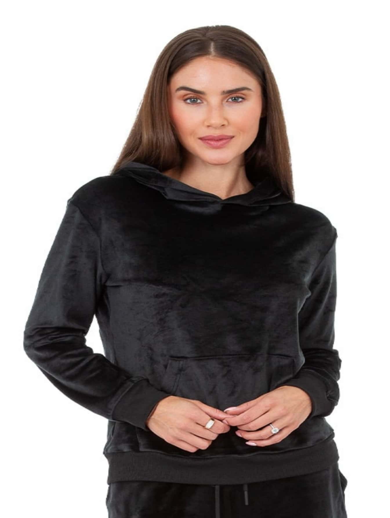 Women's Velvet Hooded Sweatshirt Ultra-Soft And Comfortable - 黑色 - 查看 1