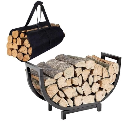 Firewood Rack Outdoor 24in,Indoor/Outdoor Firewood Storage And Firewood Rustproof Holder,Stable Log Holder And Fireplace Decor Organizer With Firewood Log Carrier Black Bag