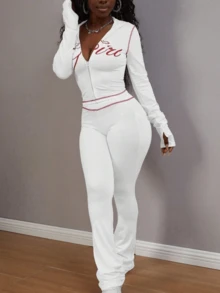 Women's Autumn Long Sleeve Hooded Sweatshirt Set, Zip Design, "Girl" Letter Print, Comfortable Sweatpants, Suitable For Travel And Outdoor, Autumn Casual Outfit - 白色 - 查看 4