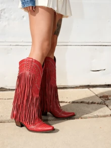 Women's Fringe Cowboy Boots Pointed Toe Chunky Heel Pull On Western Wide Calf Shoes Embroidered Tassal Cowgirl Boot With Riveted Design For Halloween Christmas - 紅色 - 查看 8