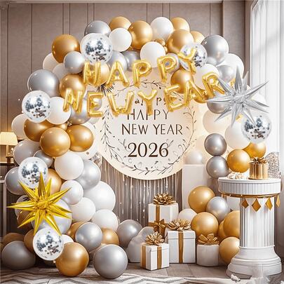 Bộ 142 vòng hoa bóng bay mừng năm mới - Trang trí tiệc năm mới, bóng bay màu vàng, bạc và trắng 12/10/5 inch với biểu ngữ "Chúc mừng năm mới", thích hợp cho trang trí năm mới, họp mặt, lễ hội, kỷ niệm và vũ hội