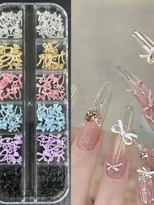 12 Grids Christmas Bow Nail Art Decorations, Red Bow 3D Nail Rhinestone Design, Cute Nail Art Supplies, Nail Jewelry Decor, Women Nail Art DIY Accessories - Multicolor - View 11