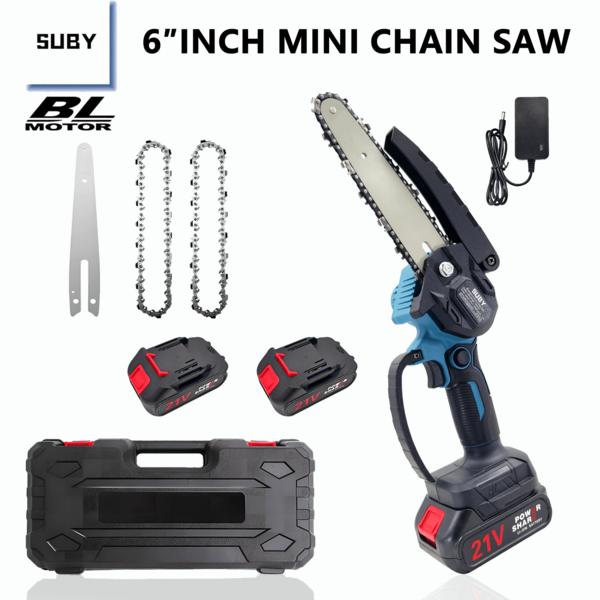 SUBY 1 Set SUBY 6-Inch Cordless Mini Chain Saw With 2 Batteries And 2 Chains, Suitable For Tree Trimming, Home Renovation And Wood Cutting Tools