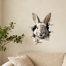 1pc Adorable 3D Rabbit Wall Decal - Easy Peel & Stick PVC With Matte Finish, Multi-Room Use For Bedroom & Living Room, Modern Animal Theme Rectangle Decor - Multicolor - View 3