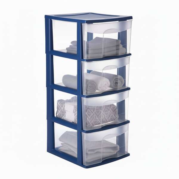 Italhome Cajonera de almacenamiento, ideal para dormitorio, oficina, cocina, baño, lavandería, Organizador de plástico con 4 cajones transparentes, cajonera de color azul
