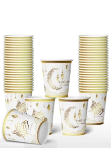 9盎司斋月一次性纸杯，是您庆祝斋月、分发和招待会的完美之选。厚实的杯子，适用于盛装茶、水、果汁、浓缩咖啡、糖果、冷热饮品，也可作为开斋节餐桌装饰。 - 彩色 - 查看 7