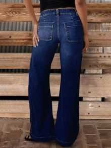 新款女士多扣水洗直筒休闲牛仔裤，高品质牛仔裤 - 深色水洗藍 - 查看 4