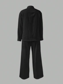 2pcs Solid Color Casual Elegant Pocket Button Shirt And Pants Set, Office & Street Wear, Spring/Autumn Black - Black - View 2