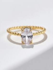 Charm-In 1 chiếc nhẫn đồng mạ vàng 18K đính đá Zirconia vuông và viền dây xoắn, dành cho nữ - Mẫu vàng 4 - Xem 3