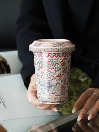 春日邂逅 - 搪瓷杯，创意陶瓷马克杯，带盖办公咖啡杯，早餐牛奶杯，复古手持饮水杯