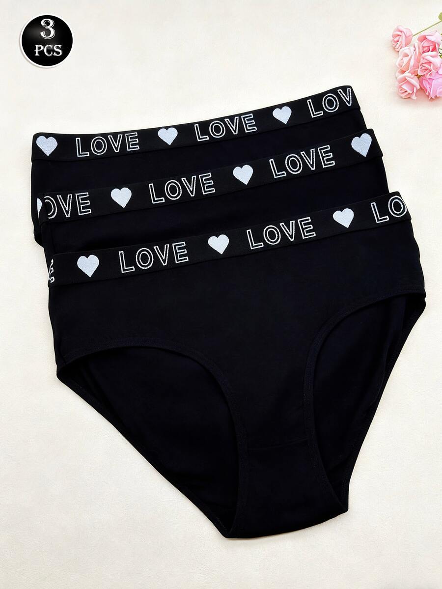 3pcs Women's Solid Color Mid-Rise Briefs, Elegant Letter Print, Stretchy Knit Fabric, Multiple Colors Available - Black - View 1