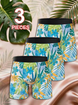 3pcs Men's Boxer Briefs, Casual Comfortable Minimalist Elastic Leaf Print Boxer Shorts