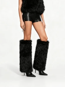 Fur Knee High Heels Boots For Women Pointed Toe Thin High Heel Mid-Calf Boots Winter Fashion Y2K Party Wide-Calf Stiletto Furry Fluffy Boots - 黑色D - 查看 3