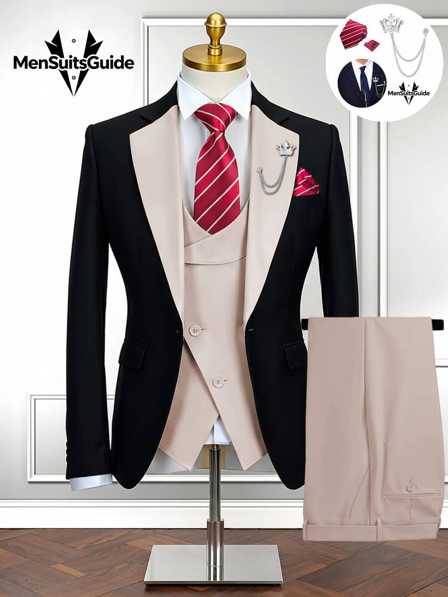 Men's Suits Slim Fit 6 Piece Suits For Men Double Breasted Suit With Tie Brooch Pocket Square Wedding Suits Jacket Vest Pants Tuxedo Suit Set(Suits+Pants+Vest+Tie+Brooch+Pocket Square)For Business Dinner Wedding Party, Suitable For Formal Occasions, Perfect Gift For Business Professionals Spring/Summer/Fall, Formal Attire|Sleek Formal Attire|Nonstretch Fabric - 黑-米色 - 查看 1