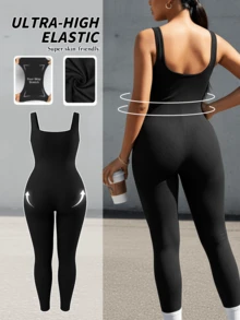 Oillpretty Women's Sleeveless Bodysuit, Solid Color Seamless Design, Tummy Control Lift Butt Shaping Piece - Black - View 2