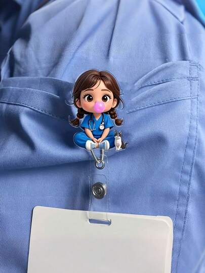 2D Flat Acrylic Nurse Girl ID Card Holder - Retractable Badge Reel, Suitable For Medical Students And Practicing Nurses - PMMA Material, For Workplace Identification, Medical Label Clip | Fun Design | Acrylic Material, Nurse Accessories, Back To School, Teacher Gift