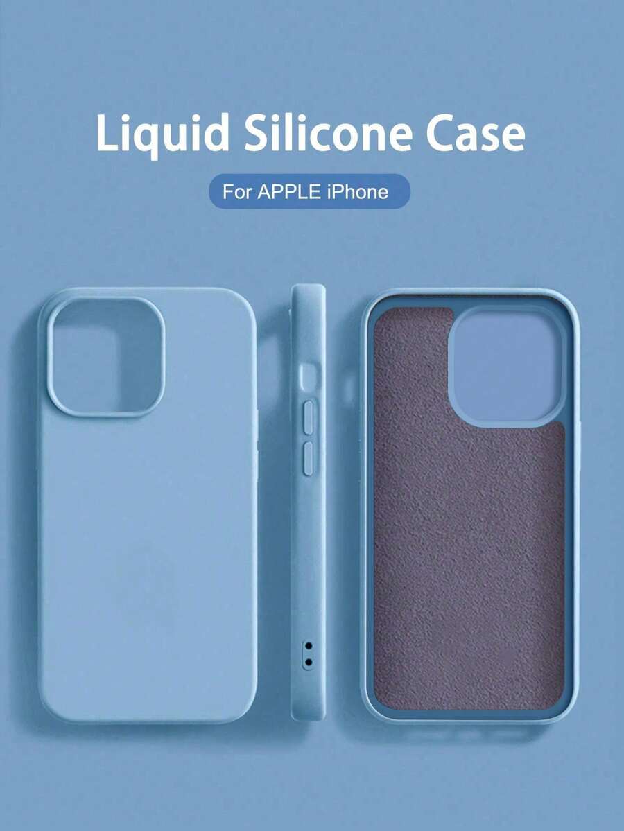 Solid Color Liquid Silicone 1PC Luxury Liquid Silicone Shockproof Case Compatible With Apple Compatible With IPhone 16 14 13 12 11 15 Pro Max Cover Compatible With IPhone 12 13 Mini 14 15 16 Plus Fashion With Velvet Protection Phone Cases Spring Gift Birthday - Baby Blue - View 1
