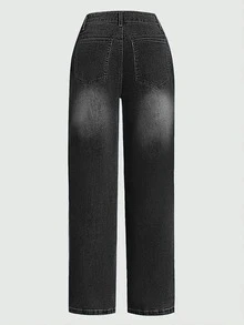 Quần jeans nữ ống rộng nhiều nút kiểu dáng thường ngày - Chất liệu denim cao cấp, thời trang và thoải mái, màu đen mùa xuân. - màu đen - Xem 5