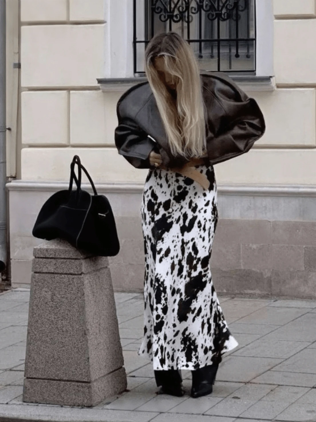 Falda acampanada con estampado de leopardo y de vaca, adecuada para todas las estaciones, otoño - Blanco y Negro - Ver 1