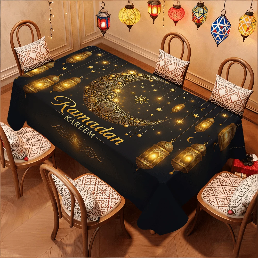 1/20pcs Ramadan Tablecloth, Featuring Lantern, Moon And Star Patterns, Printed With "Ramadan Mubarak" Text. Suitable For Restaurants, Kitchens And Parties. Woven, An Ideal Choice For Indoor And Outdoor Holiday Party Decor. Also A Kitchen Item And Ramadan Creative Gift. - Multicolor - View 1