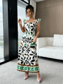 Elegant Boho Style Printed Maxi Dress For Summer Vacation, Short Sleeves, Pleated Waist, For Women, Sizes S M L - màu xanh lá - Xem 4