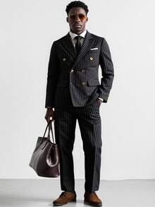 2 piezas Conjunto de traje de hombre talla grande, chaqueta blazer de doble botonadura a rayas y pantalones, vestimenta formal para negocios, boda, fiesta, banquete