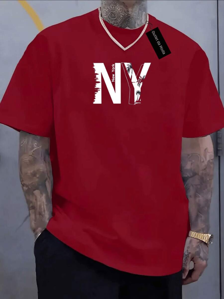 Camiseta Masculina estampada NY antigo bco - bordô - Visão 1