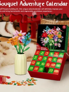 2025年成人及青少年圣诞倒计时日历，附赠花束和仿真野花积木礼盒套装（B），适合桌面装饰、动漫爱好者及神秘礼盒 | 可爱家居装饰 | 动漫爱好者礼物 | 可爱桌面玩具 - 彩色 - 查看 2