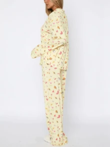 Women Y2K 2 Pieces Pajamas Set Fruit Print Long Sleeve Lapel Button Down Shirt Top With Wide Leg Pants Pants Spring Fall Cute Pjs Sleepwear Loungewear Suit - Màu vàng - Xem 5