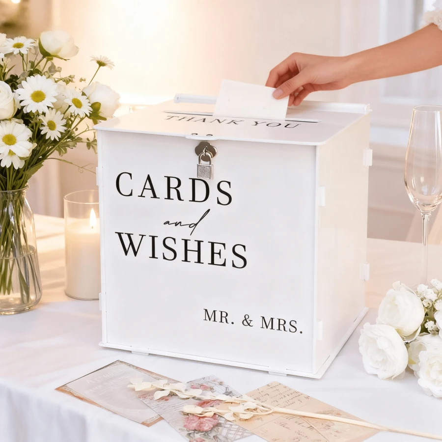 White Acrylic Wedding Card Box With Slot & Lock - Large Capacity For 300+ Cards, Elegant Decor For Reception, Party, Birthday, Baby Shower, Graduation - 白色 - 查看 1