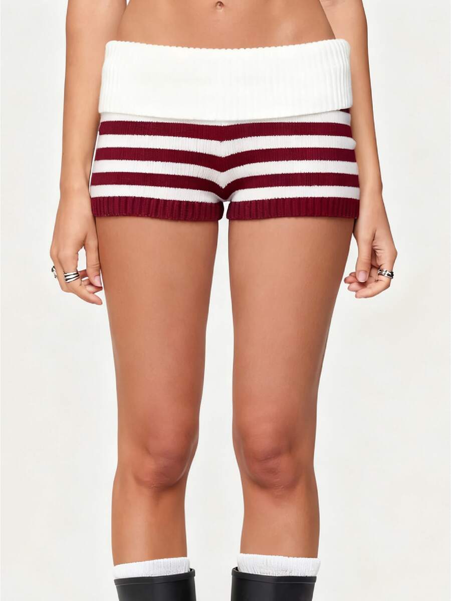 Women Striped Knit Micro Shorts Fold Over Elastic Waist Slim Fit Mini Bottom Y2k Lounge Sweater Shorts - 酒紅色 - 查看 1