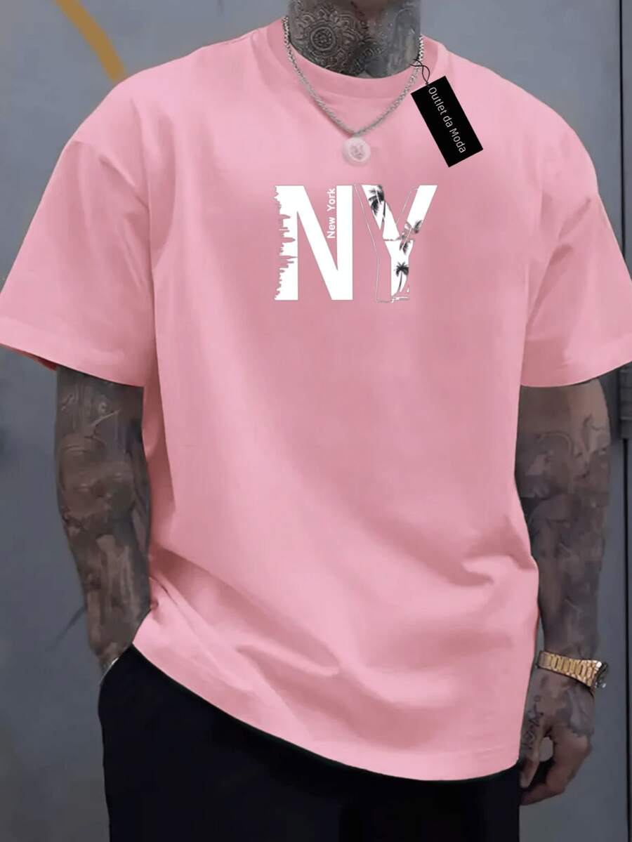 Men's T-Shirt With Old NY Print, White. - Baby Pink - View 1