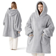 Women's Fleece Winter Blanket Sweatshirt With Hood, Robe Blanket With Sleeves, Soft Plush Fabric Hoodie Blanket With Front Pocket, Light Grey,95*85 - Light Grey - View 2