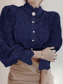 Women's Lace Floral Mandarin Collar Button Hollow Blouse - Navy Blue - View 3