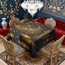 1/20pcs Ramadan Tablecloth, Featuring Lantern, Moon And Star Patterns, Printed With "Ramadan Mubarak" Text. Suitable For Restaurants, Kitchens And Parties. Woven, An Ideal Choice For Indoor And Outdoor Holiday Party Decor. Also A Kitchen Item And Ramadan Creative Gift. - Multicolor - View 7