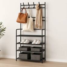 Rack Multifuncional 4 Prateleiras com Cabideiro Organizador de Roupas e Sapatos - Preto - Visão 3