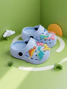 Novos sapatos de verão com estampa de dinossauro para meninos e meninas, perfeitos para usar em casa e no dia a dia ao ar livre. Design confortável com sola plana, ideais para festas na praia e para criar um visual divertido e moderno. - Baby Azul - Ver 3