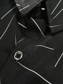 Modern Stylish Line Print Long Sleeve Men's Shirt, Fall - Black - View 6