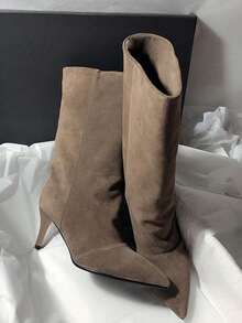 秋冬季尖头麂皮高跟长靴，优雅西部牛仔风格女靴，猫跟 - 杏色 - 查看 1