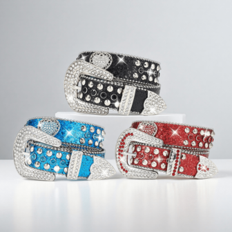 铆钉和水钻装饰复古金属扣奢华水钻心形腰带，闪亮水钻朋克风男女通用休闲/派对/节日腰带，圣诞节、情人节、生日礼物