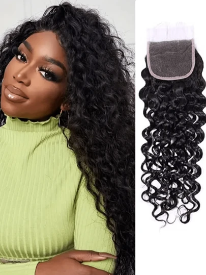 4x4水波纹蕾丝前假发，透明瑞士蕾丝，直发，自然色真人发，预先修剪发际线，卷发，自然黑色，适合所有种族