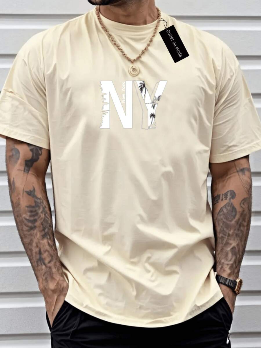 Men's T-Shirt With Old NY Print, White. - 米色 - 查看 1