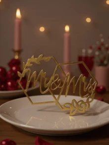 1 buc Eternal Pledge Elegant Mr. And Mrs. Golden Acrylic Cake Insert Card - Bright and Shining Interlock With Leaf Ornaments, Sweet Love Wedding Cake Decoration, Romantic Love Couple Souvenir - Aur - Vizualizare 3