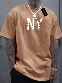 Men's T-Shirt With Old NY Print, White. - 棕色 - 查看 1