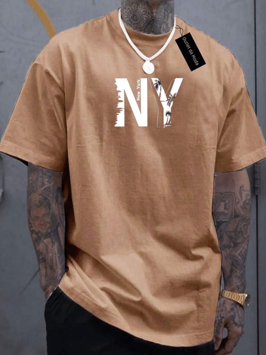 Men's T-Shirt With Old NY Print, White. - 棕色 - 查看 1