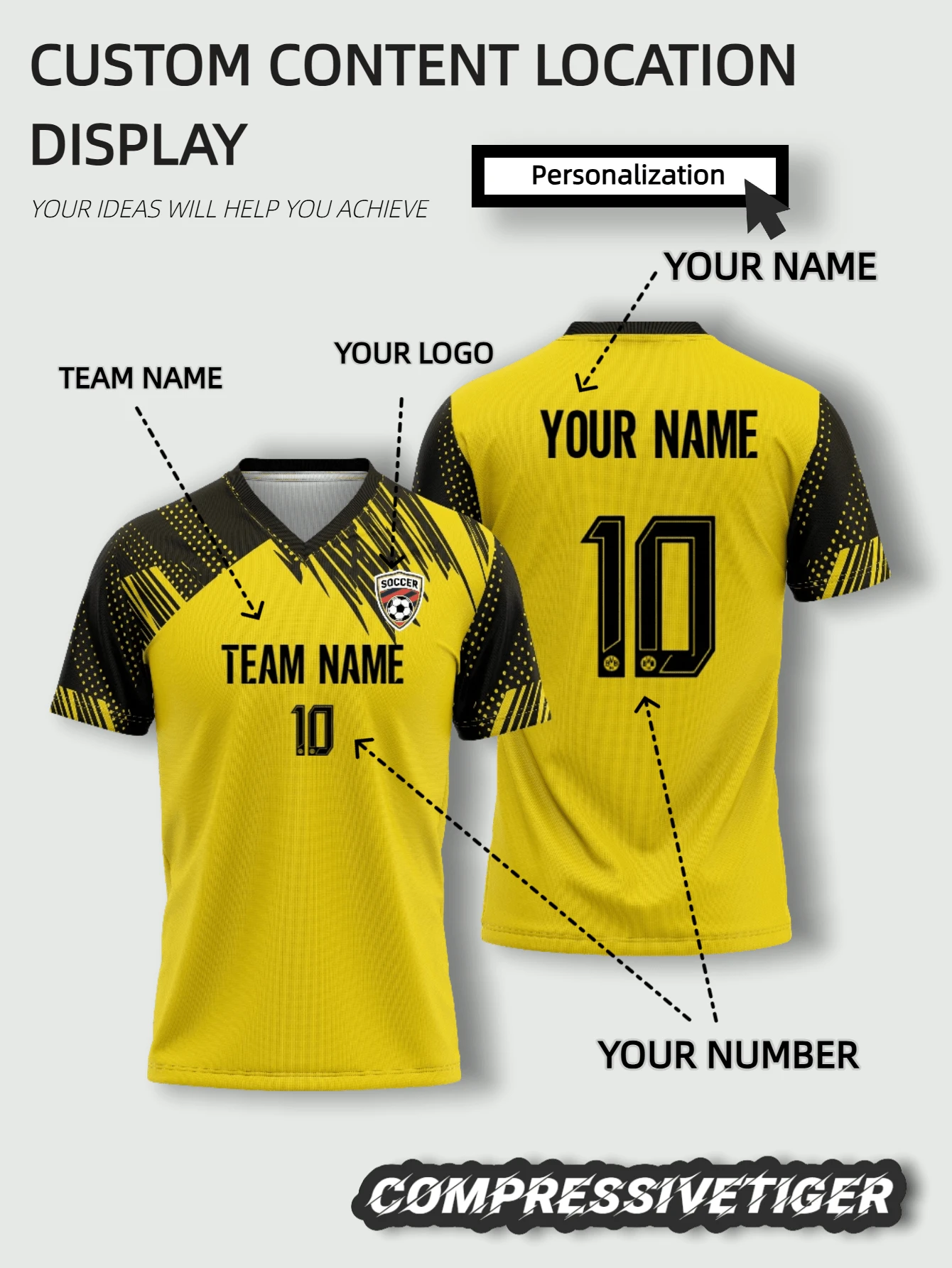 Jersey Latihan Kuning Kustom yang Dipersonalisasi dengan Nama dan Nomor, Pakaian Olahraga Cepat Kering dan Bernapas, Seragam Tim Sepak Bola Profesional untuk Pria dan Remaja - Kuning - View 1