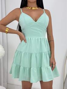 Women's Short Dress With Adjustable Straps, Plain Floral Print, Delicate - 淺綠色 - 查看 2