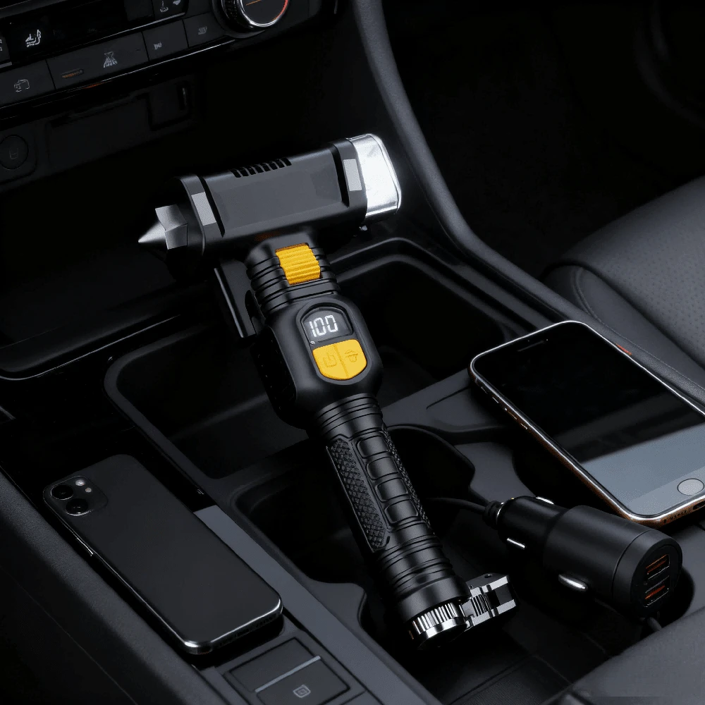 Linterna Multifuncional con Martillo de Emergencia, Cuchilla Integrada y Luz de Auxilio - Equipo Esencial para Auto, Camping y Actividades Exteriores, negro