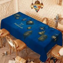 1/20pcs Ramadan Tablecloth, Vintage Modern Style, Blue Background Lantern Pattern, Eid Mubarak Print Design, Polyester Tablecloth, Multiple Sizes Available, Rectangular Tablecloth, Gift, Kitchen Supplies, Create Holiday Atmosphere, Essential For Gatherings! - Multicolor - View 5