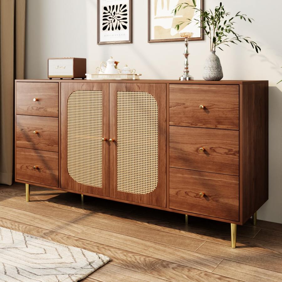 Sideboard, PE Rattan, Storage Cabinet With Drawer, Freestanding Wooden Cabinet, Kitchen, Home, Living Room, White, 120 X 40 X 90 Cm - Wood + MDF - View 1